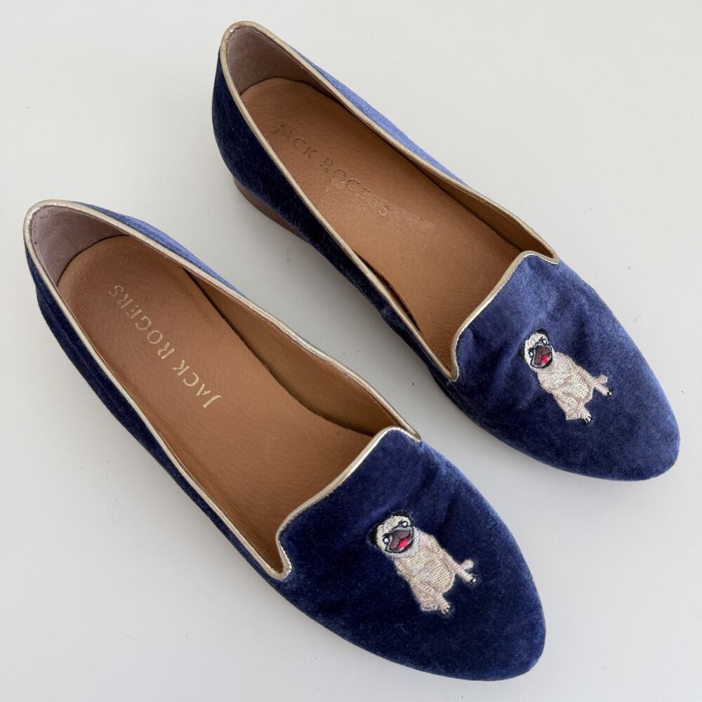 Jack Rogers Loafers Womens 9 Blue Velvet Pug Dog Embroidered Smoking Shoes Flats - Picture 3 of 11
